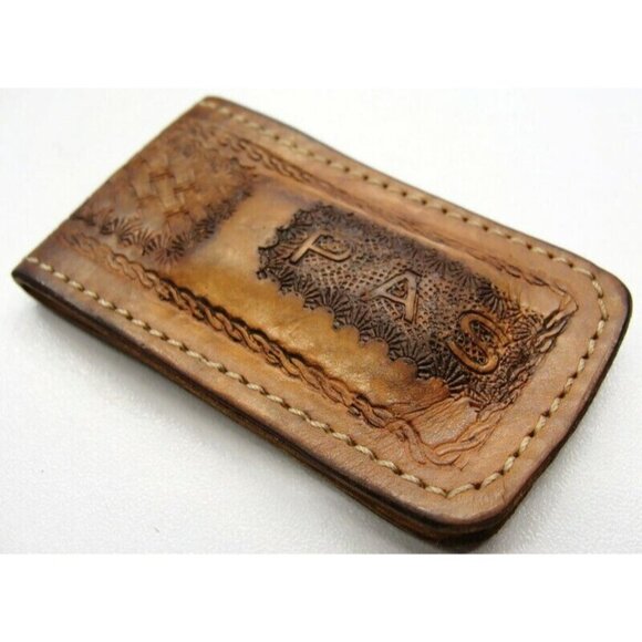 Leather Money Clip Textured Monogrammed "P.A.S." Credit Card Cash ID Holder - Picture 9 of 11